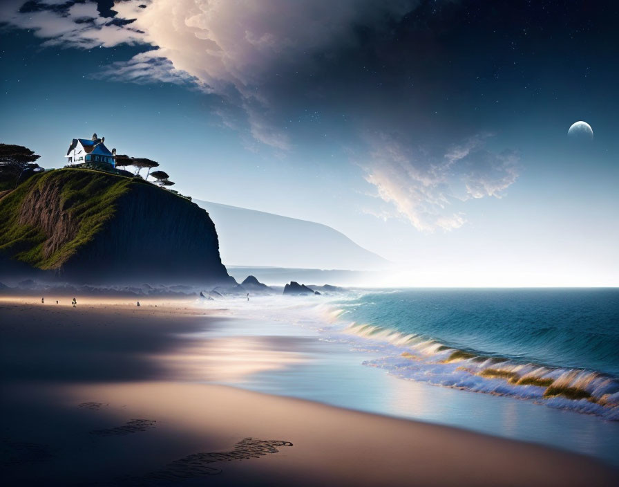 Tranquil beach scene at twilight with cliff-top house, crescent moon, and starry sky