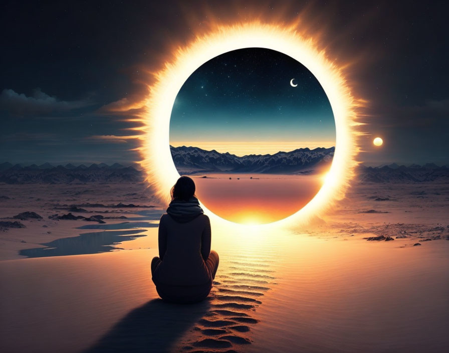 Person sitting in desert gazes at surreal portal with starry night sky and glowing ring, contrasting with