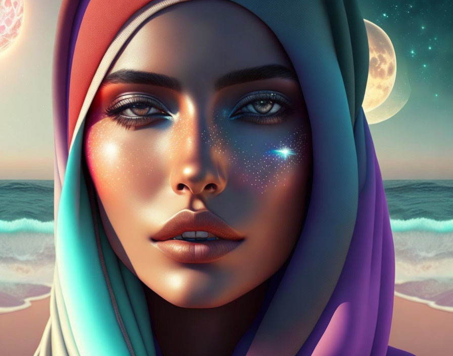 Digital Art: Woman in Colorful Hijab with Cosmic Patterns on Moonlit Beach