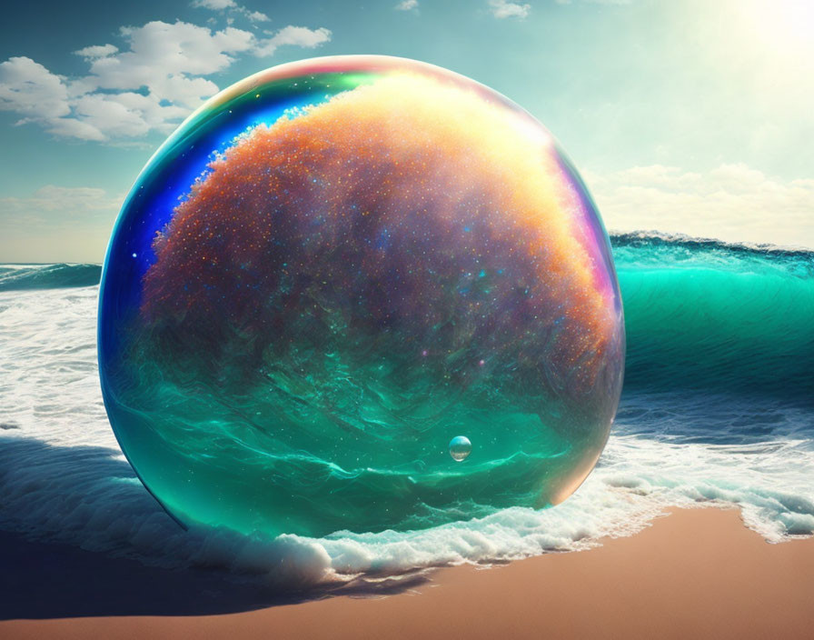 Colorful oversized cosmic bubble on sandy beach with clear sky and sun reflecting, waves crashing.