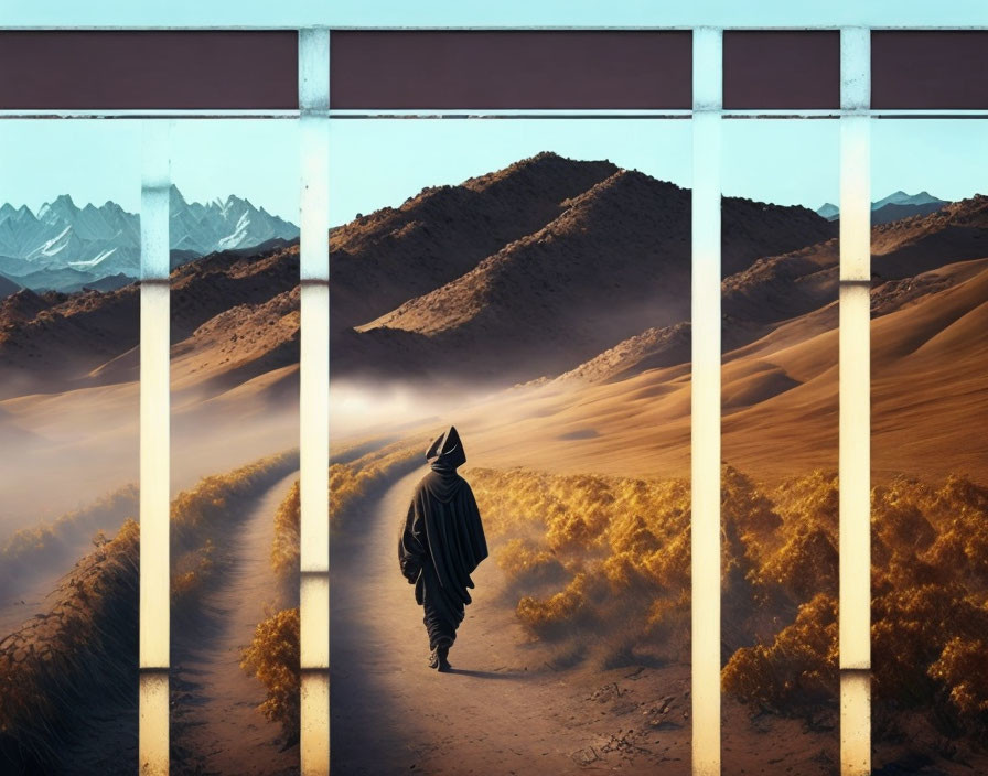 Person in cloak walks through desert with dunes, shrubs, and mountains seen through window.