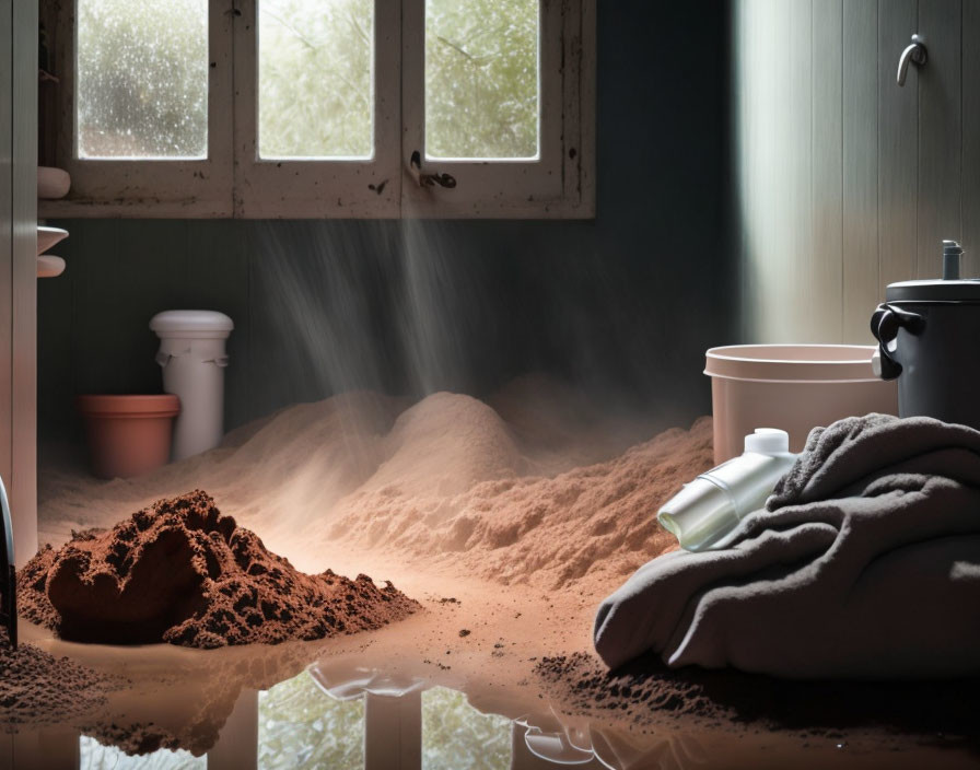 Sunlit dusty room with sand heaps, towel, and personal care items.