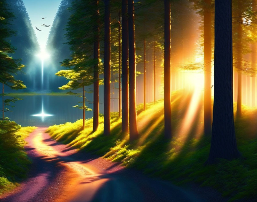 Tranquil forest landscape with path to lake under sunlight
