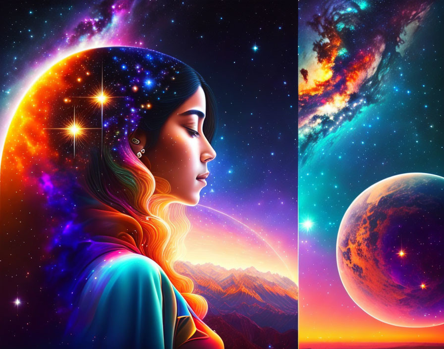 Cosmic-themed woman's side profile with stars, nebulas, and planets on vibrant space backdrop