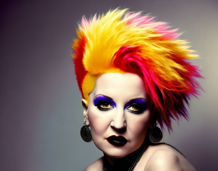 Colorful Mohawk Hairstyle with Purple Eyeshadow and Black Earrings on Gray Background