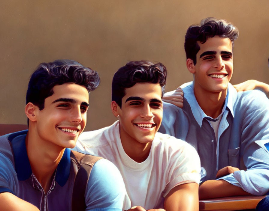 Three Young Men Smiling in Casual Shirts on Tan Background