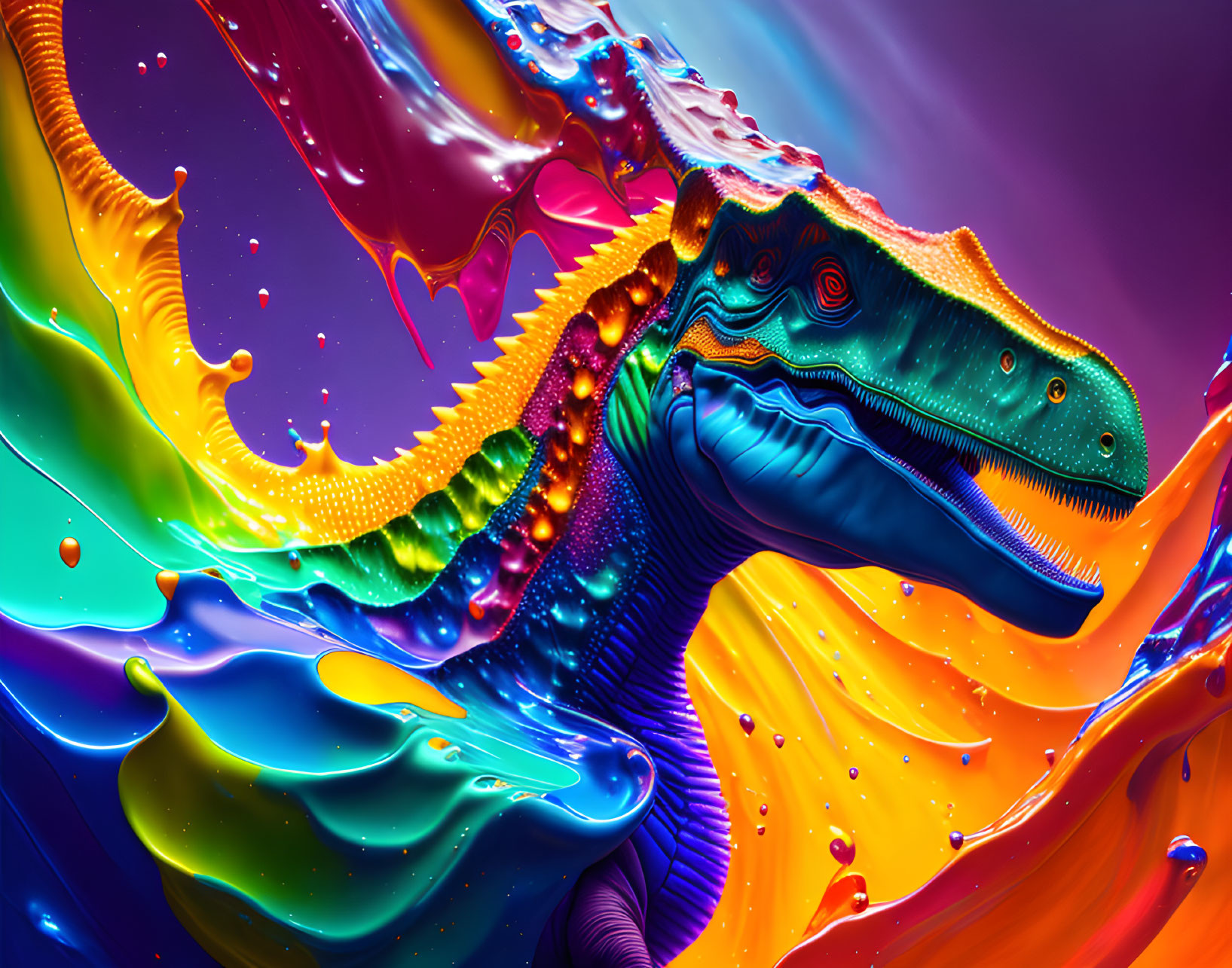 Colorful digital artwork: Dinosaur with liquid texture and abstract shapes
