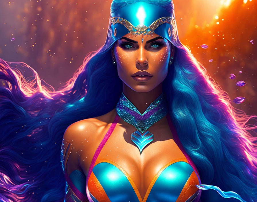Colorful digital artwork: Woman with blue hair in ornate armor and headpiece against cosmic backdrop
