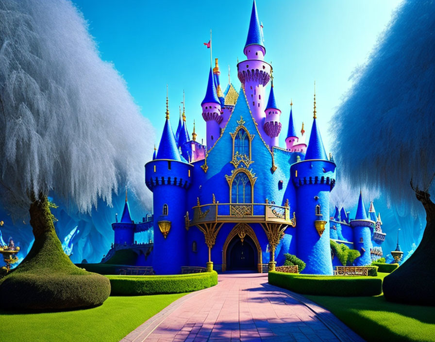 Colorful Fairytale Castle with Blue and Purple Spires in Lush Green Setting