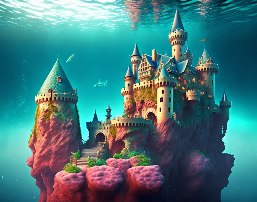 Vibrant underwater castle on coral formations surrounded by marine life