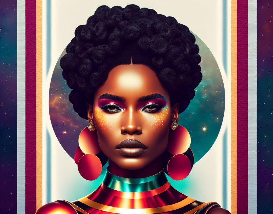Illustration of woman with voluminous curly hair, cosmic makeup, futuristic jewelry, space background