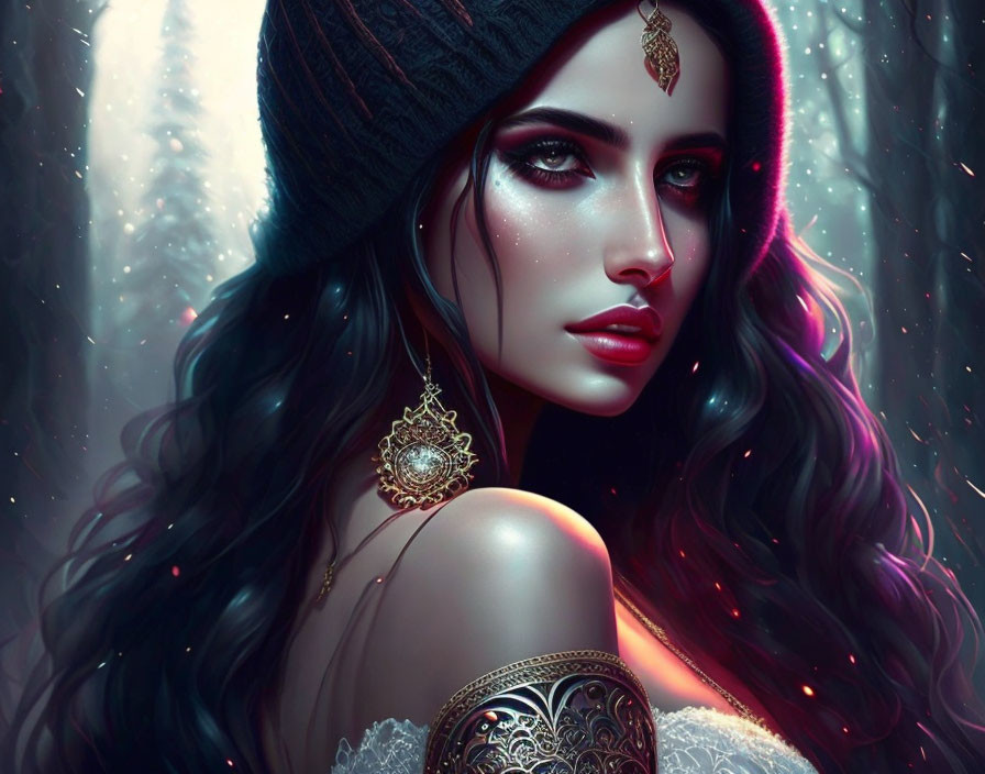 Illustrated woman with striking eyes in beanie and jewelry in enchanted forest