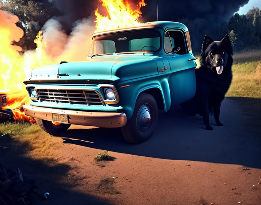 Black Dog in Front of Vintage Blue Pickup Truck with Intense Fire and Wreckage Background