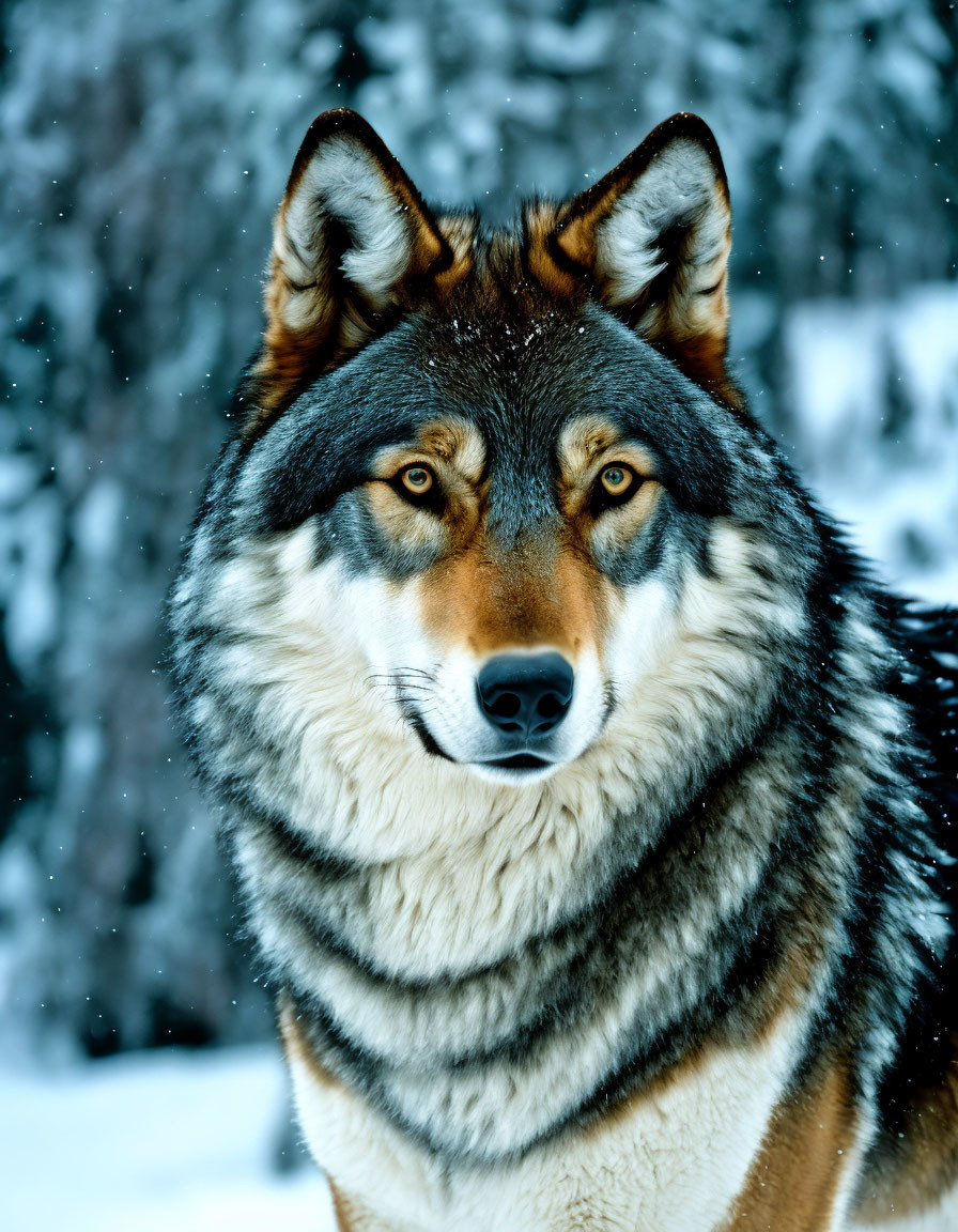 Majestic wolf with striking eyes in snowy forest landscape