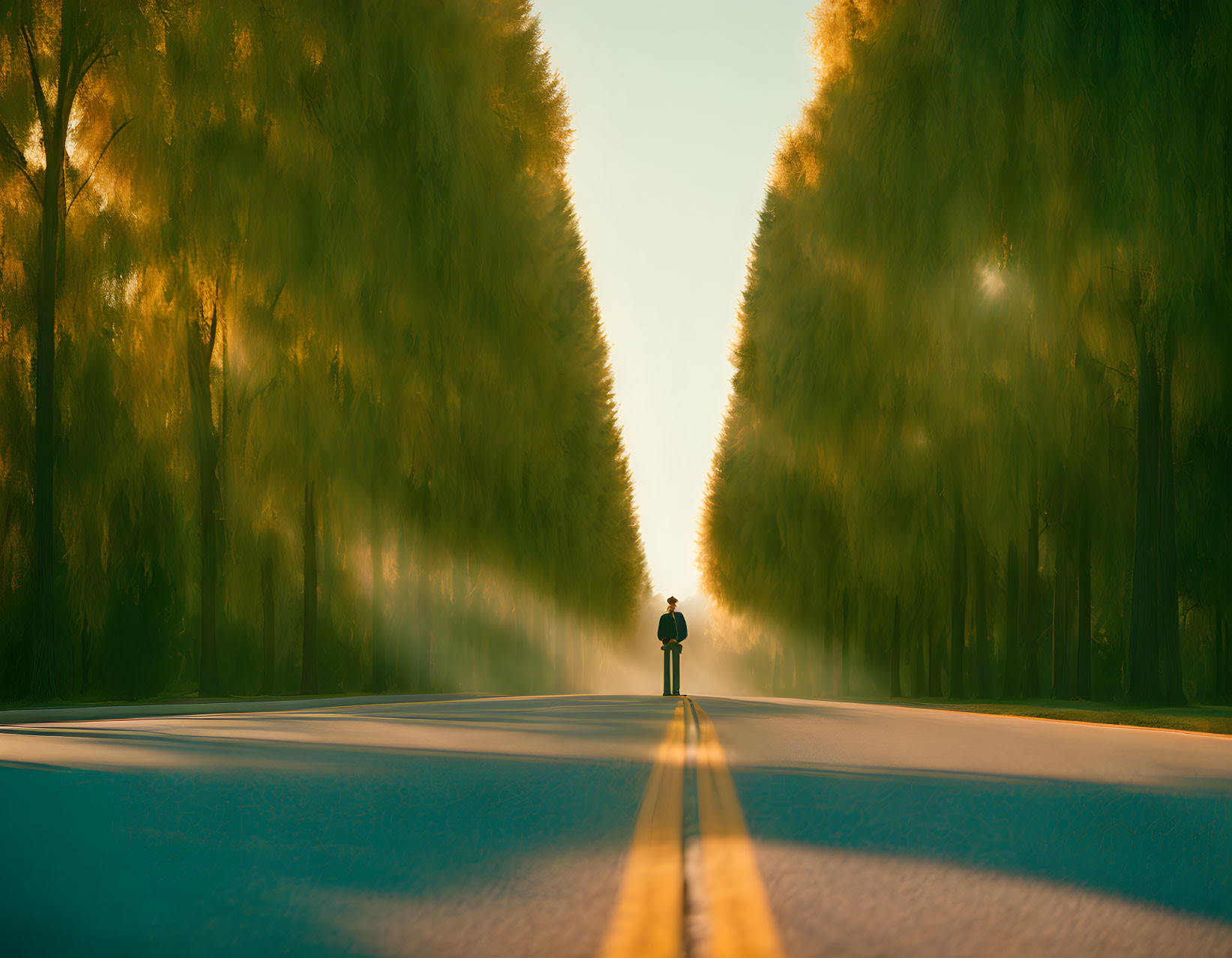 Solitary figure on deserted road with tall trees at sunrise or sunset