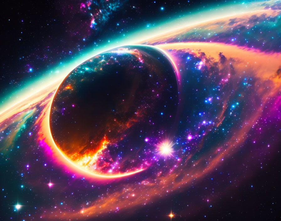 Colorful Galactic Scene: Glowing Planet, Nebulae, Stars