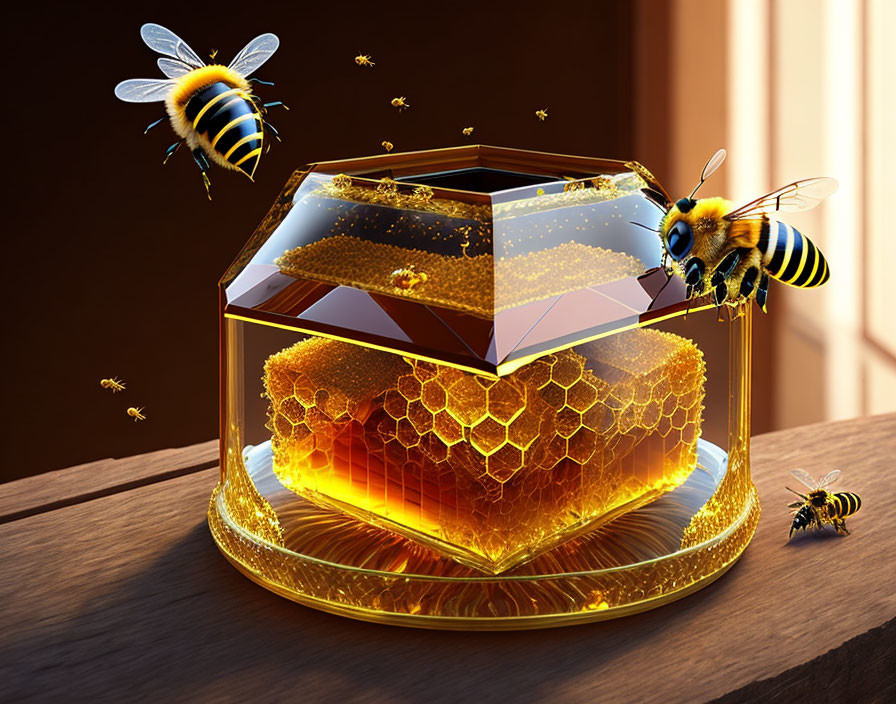 Golden honey in hexagonal glass jar with honeycomb, bees, and sunlight on wooden surface