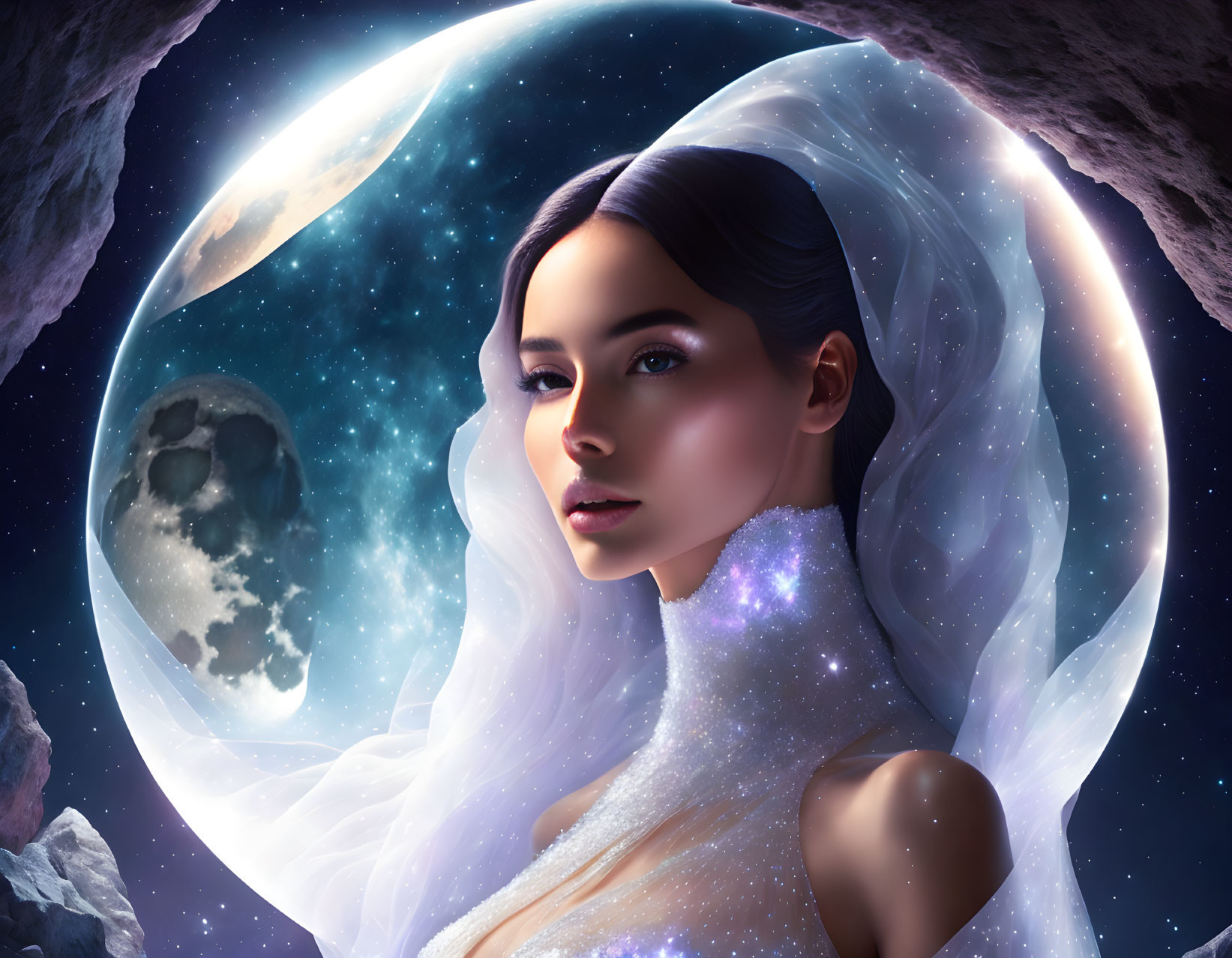 Celestial-themed digital artwork with woman in galaxy attire