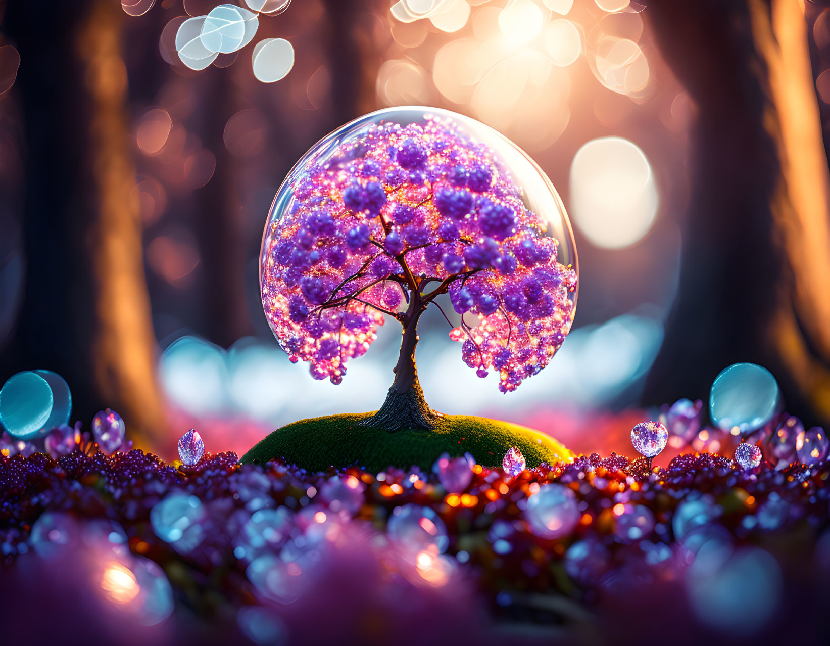 Miniature tree with purple blossoms in transparent sphere surrounded by glistening gems