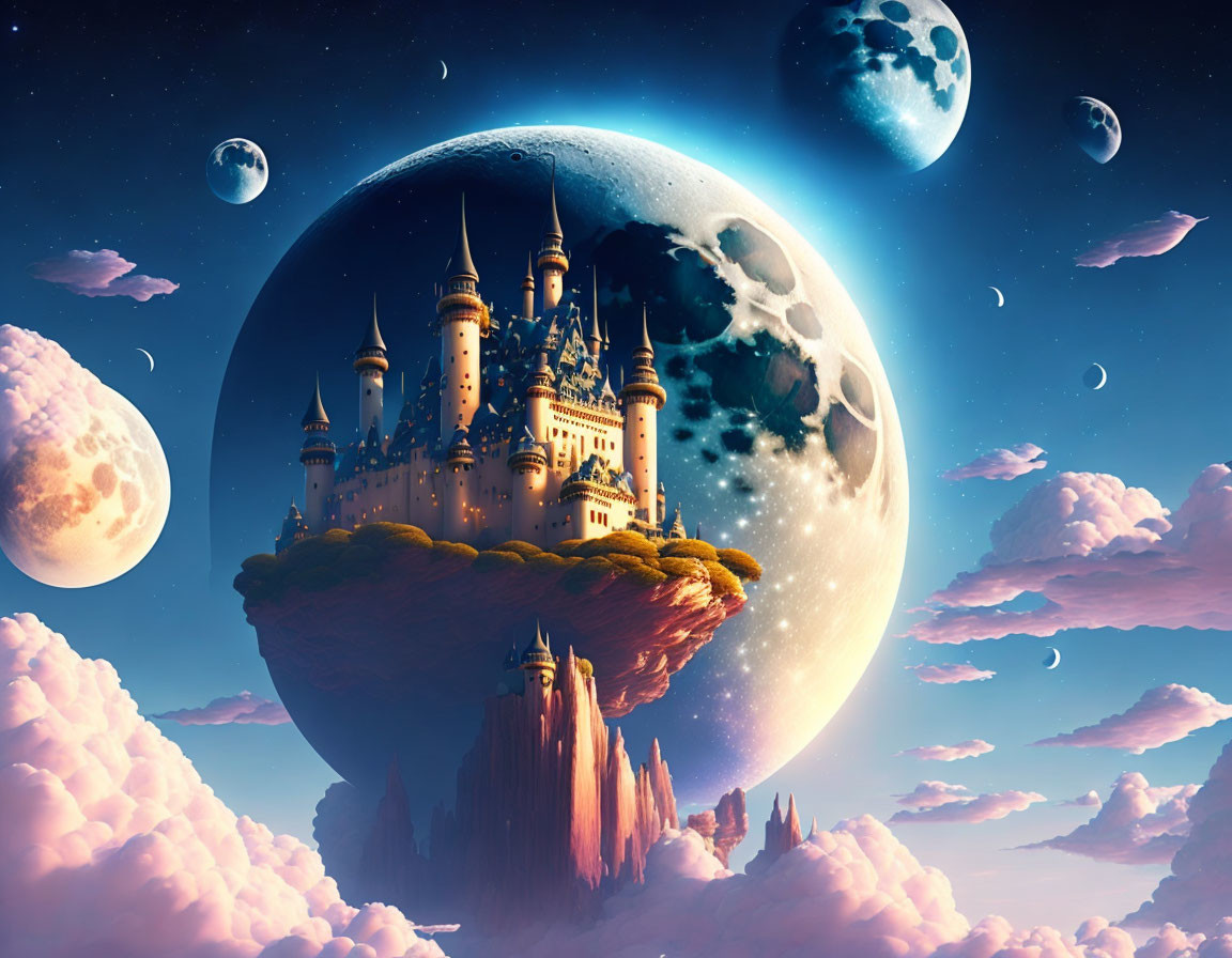 Fantastical castle on floating island with giant moons and pink clouds