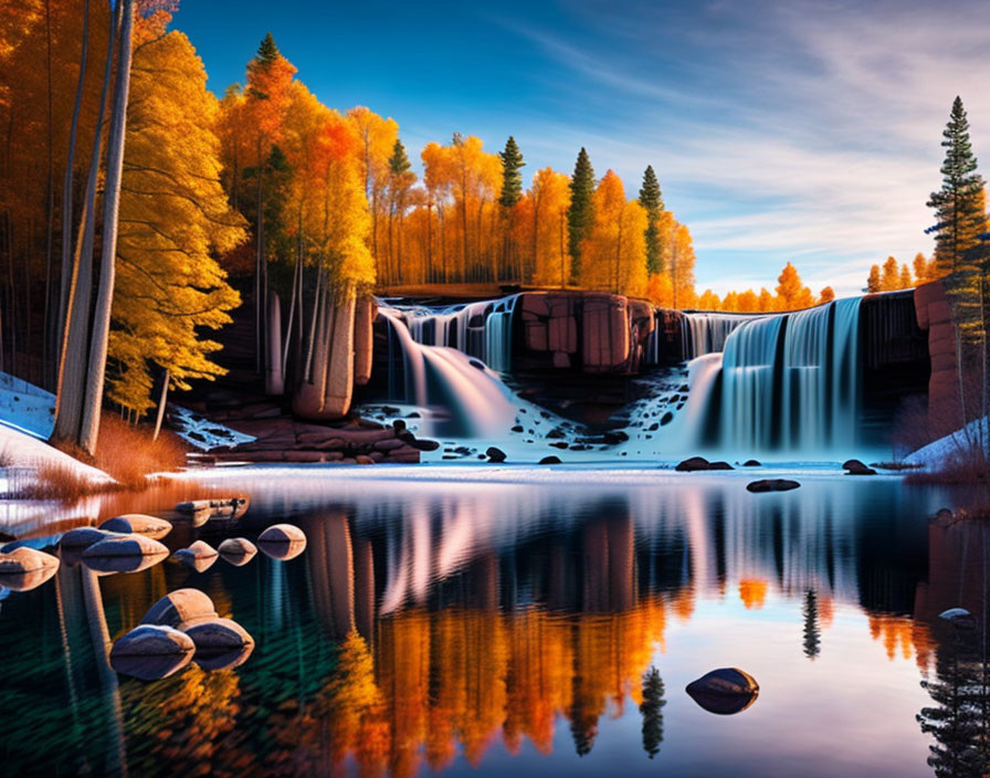 Tranquil waterfall with autumn trees reflected in lake