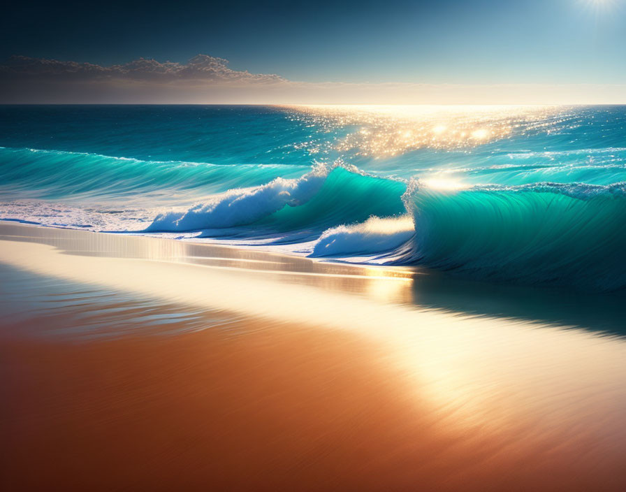 Golden sand beach with turquoise waves and sunlight reflections