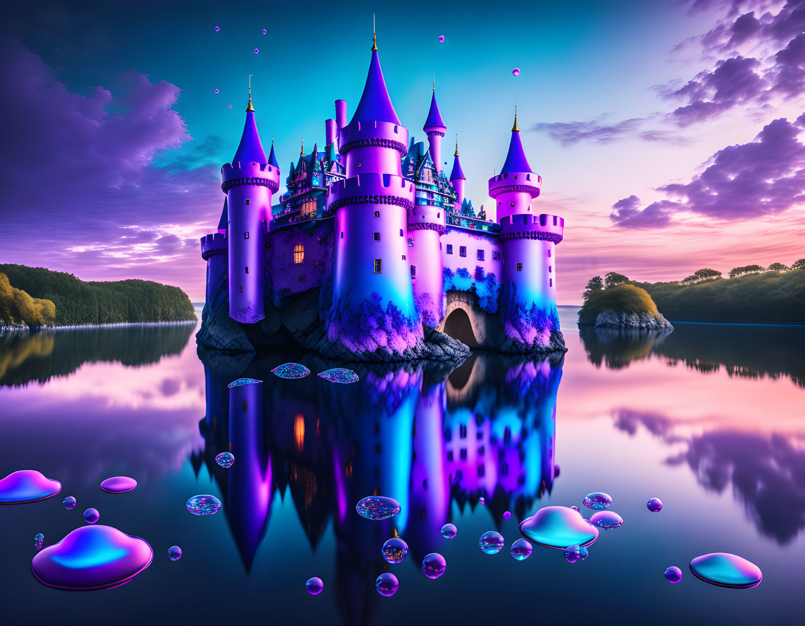 Purple Castle with Spires and Turrets Reflected in Tranquil Lake at Twilight