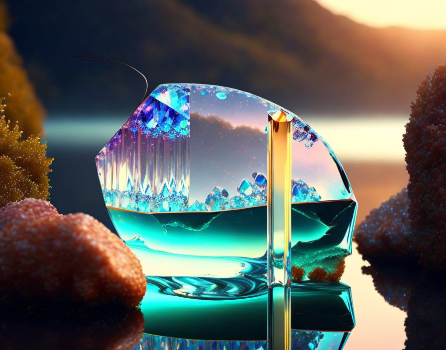 Vibrant landscape inside crystal clear ship perfume bottle