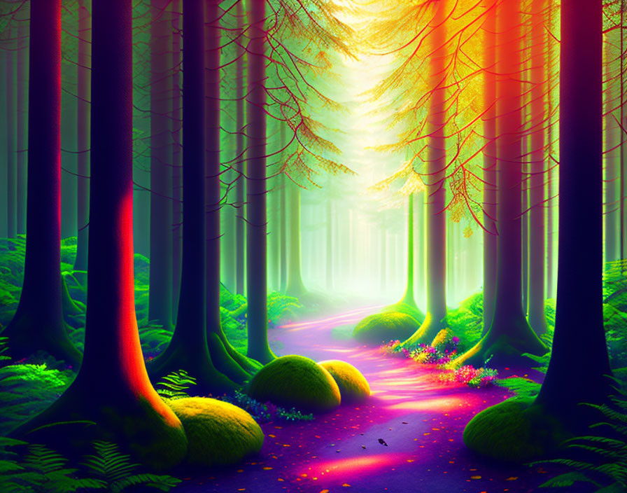Colorful forest scene with sunlight filtering through tall trees and lush greenery