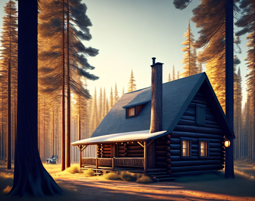 Serene forest sunset scene: cozy log cabin with lit chimney