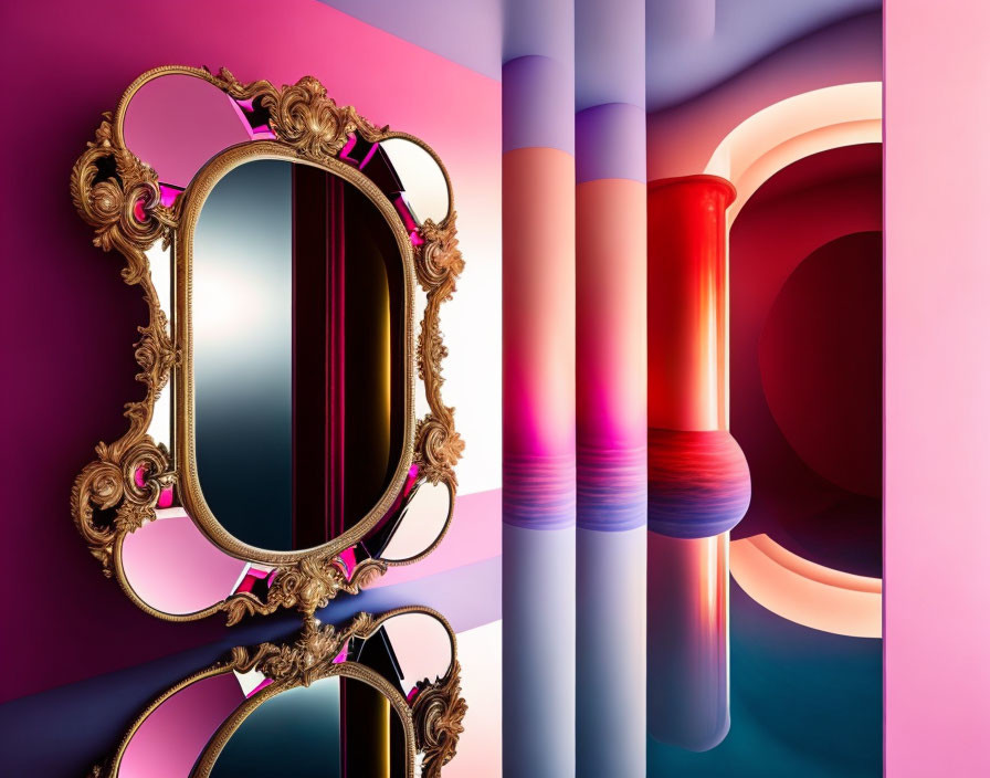 Golden mirror on colorful background with abstract shapes.