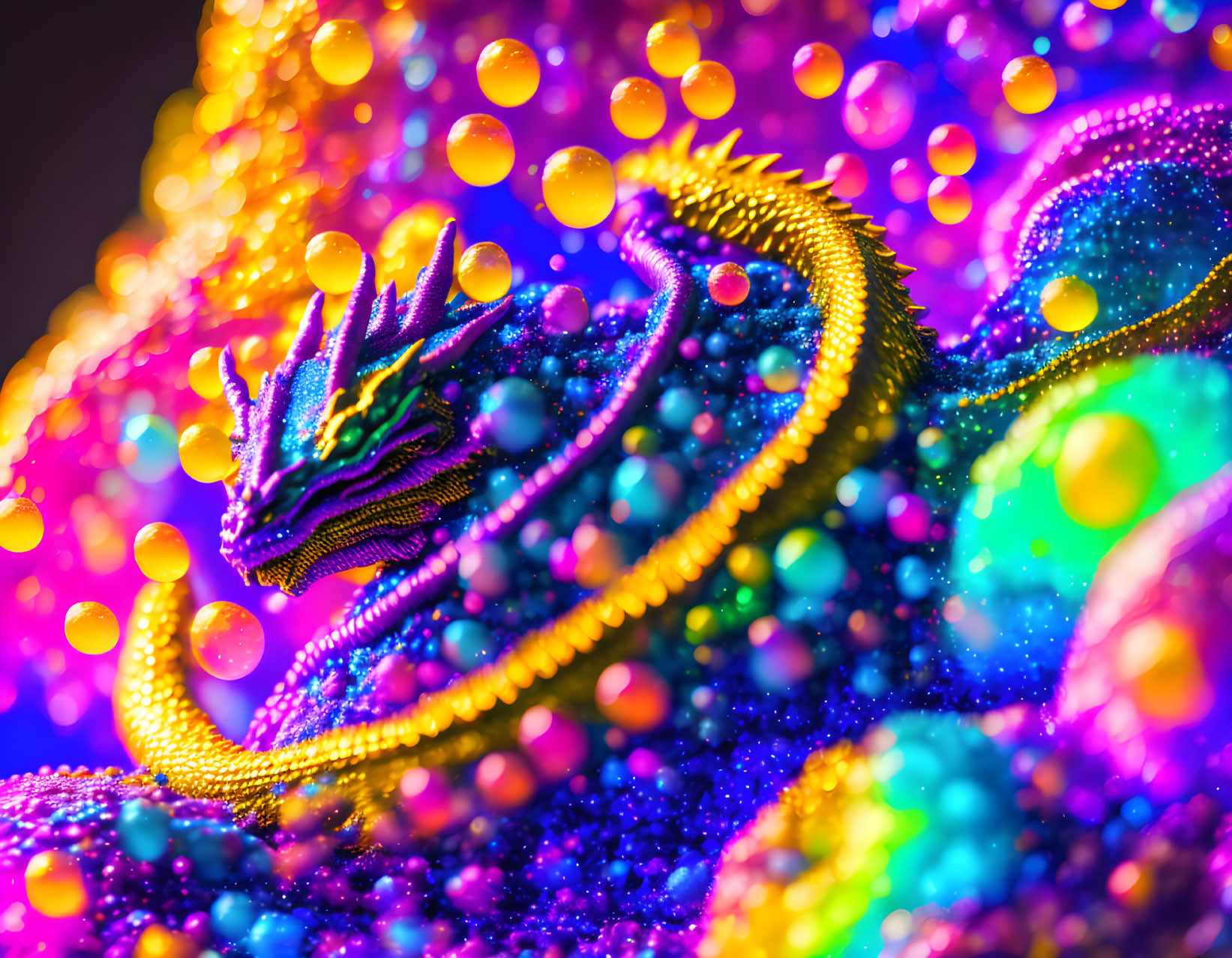 Colorful Decorative Dragon Art Against Multicolored Orbs