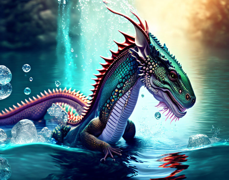 Colorful digital artwork: Mythical dragon emerging from water