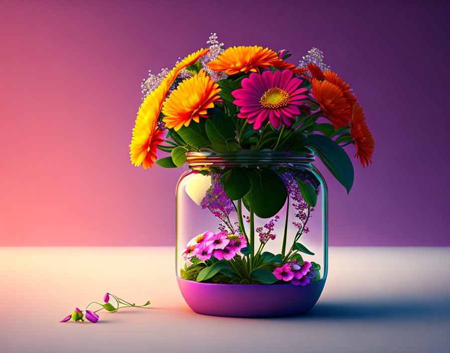 Colorful Flower Bouquet in Transparent Jar on Pink and Purple Gradient Background