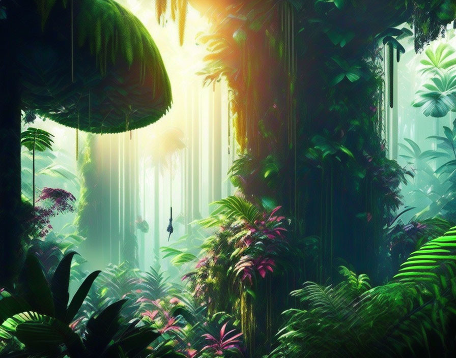 Vibrant rainforest scene with sun rays, swing, and lush green foliage