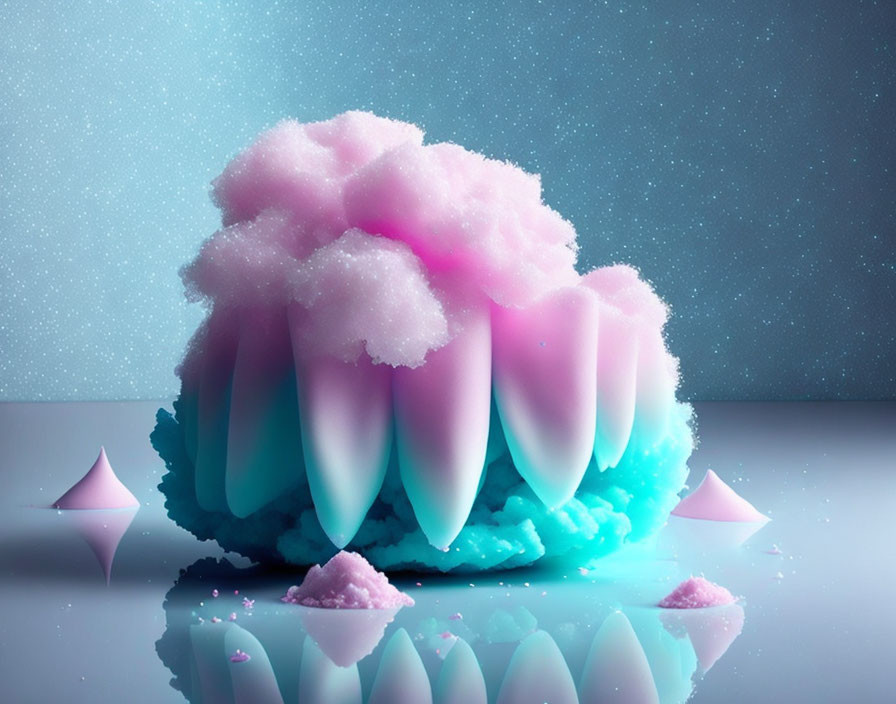 Whimsical pink-tipped icy formation on blue backdrop