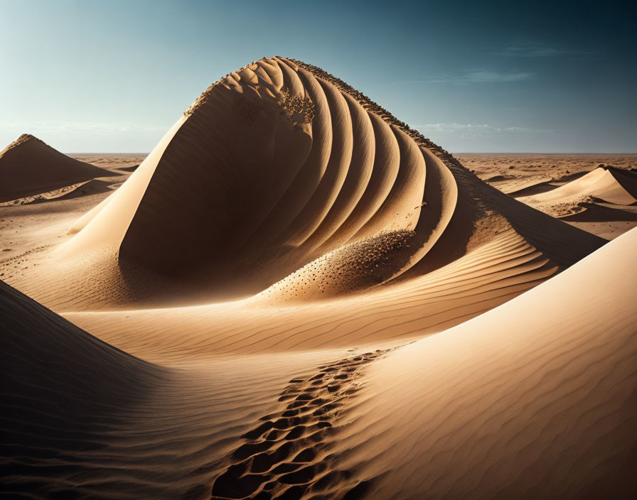 Smooth, curving sand dunes in a vast desert landscape
