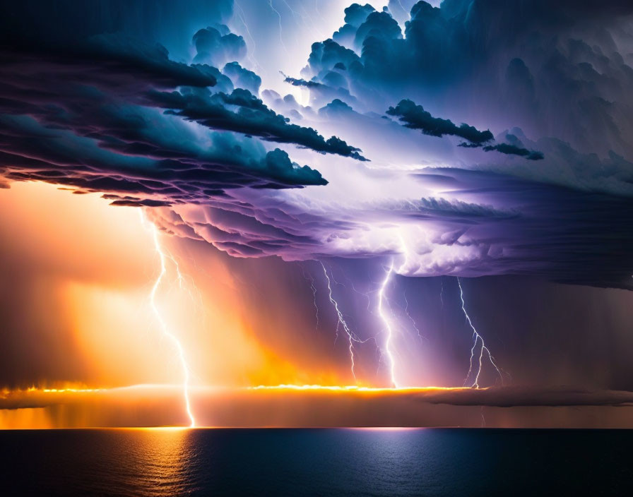 Dramatic ocean storm with lightning, colorful clouds, and fiery sunset