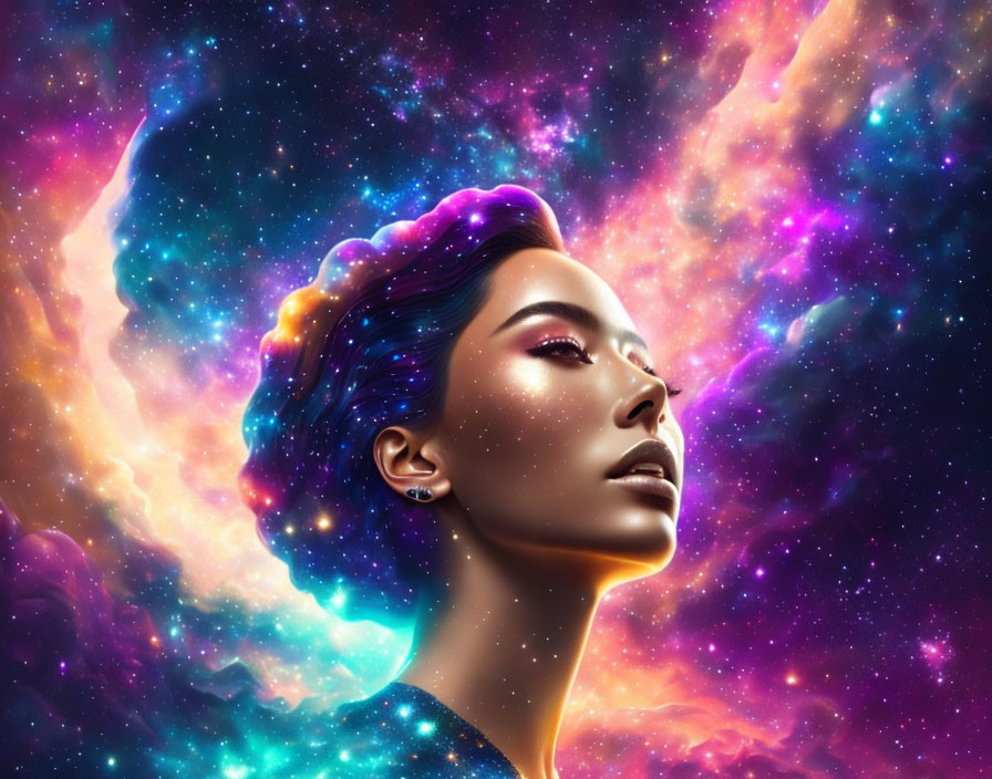 Digital art: Woman's profile merges with cosmic background, creating surreal nebula effect.