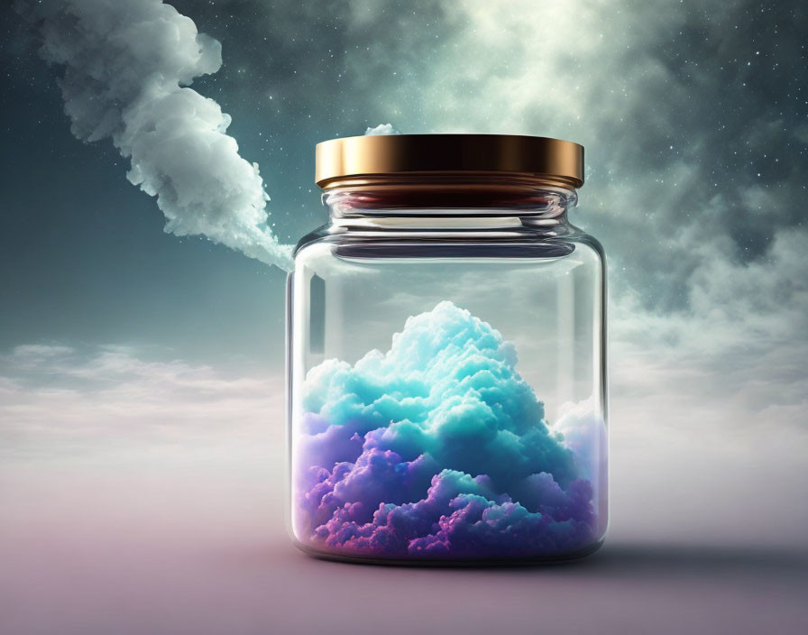 Glass jar with bronze lid holding vibrant purple and blue clouds on celestial background with escaping cloud.
