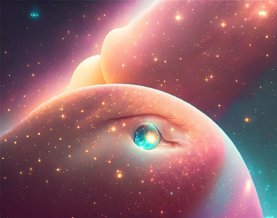 Surreal cosmic landscape with eye figure and vibrant background