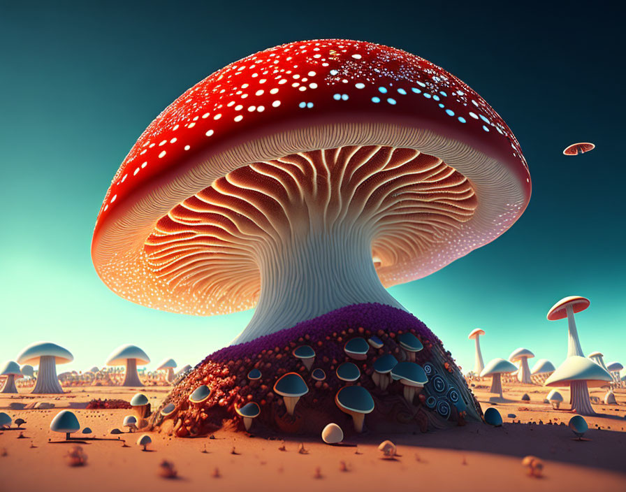 Fantastical Landscape with Oversized Mushrooms and Clear Sky
