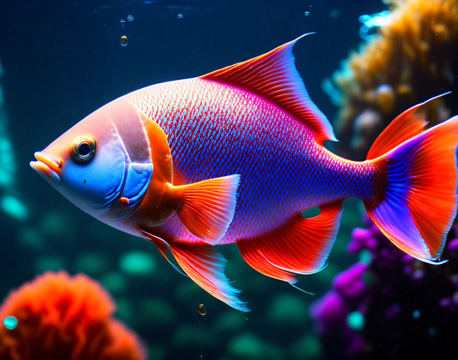 Colorful Fish Swimming Among Coral and Bubbles