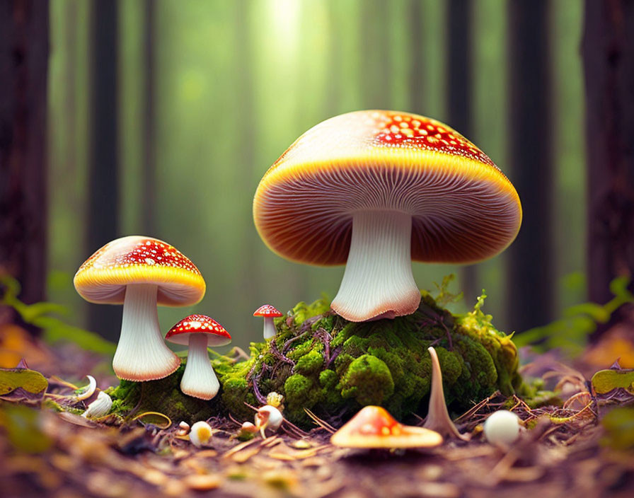 Vibrant red-spotted mushrooms in forest moss with tall trees background