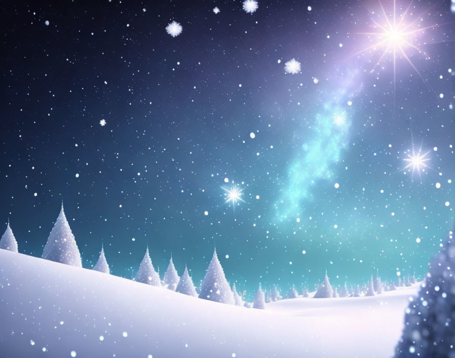 Snow-covered trees under starry sky with shooting star