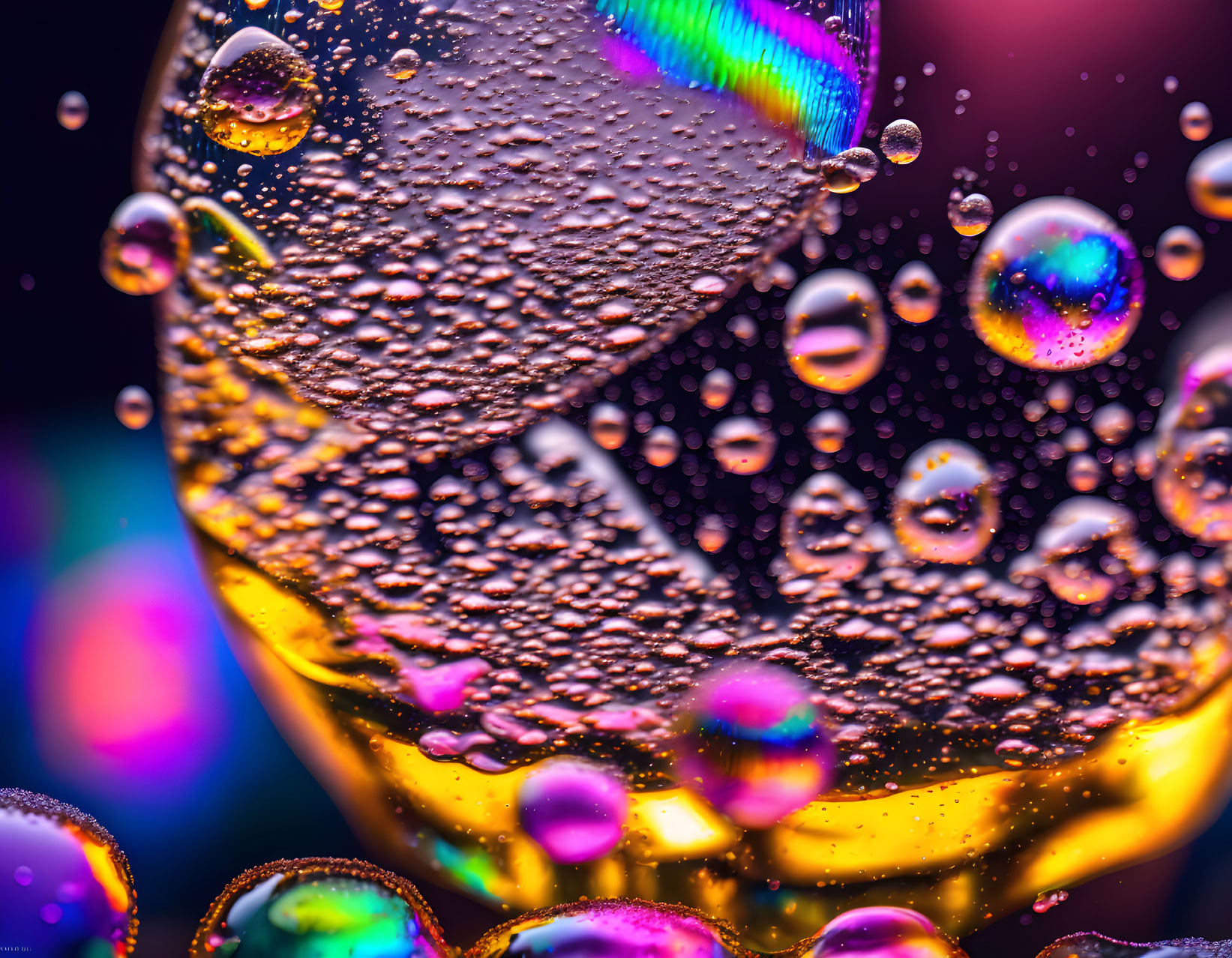 Colorful water droplets on glass: vibrant rainbow hues and reflections.