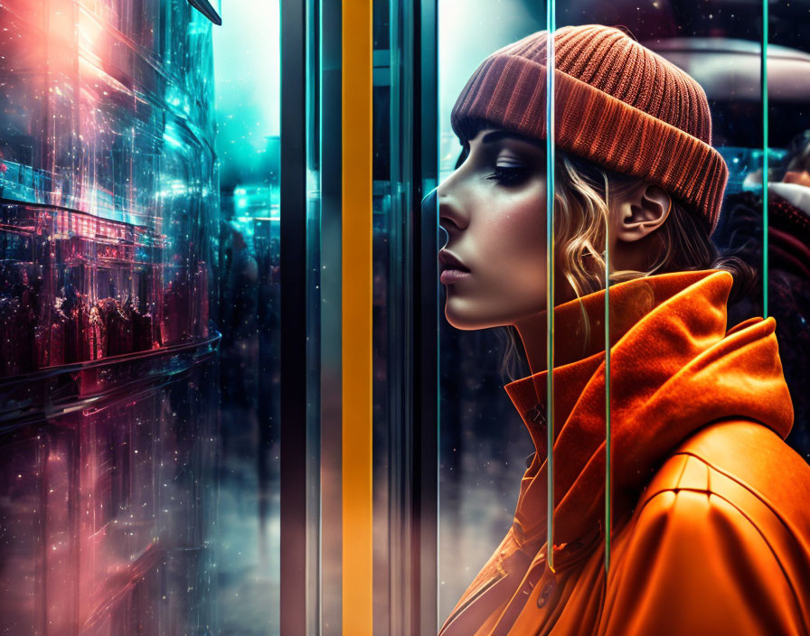 Woman in Vibrant Orange Jacket Leans Against Reflective Surface in Neon-Lit City