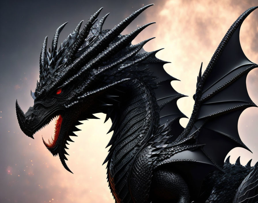 Black dragon with red eyes and sharp scales under dusky sky.