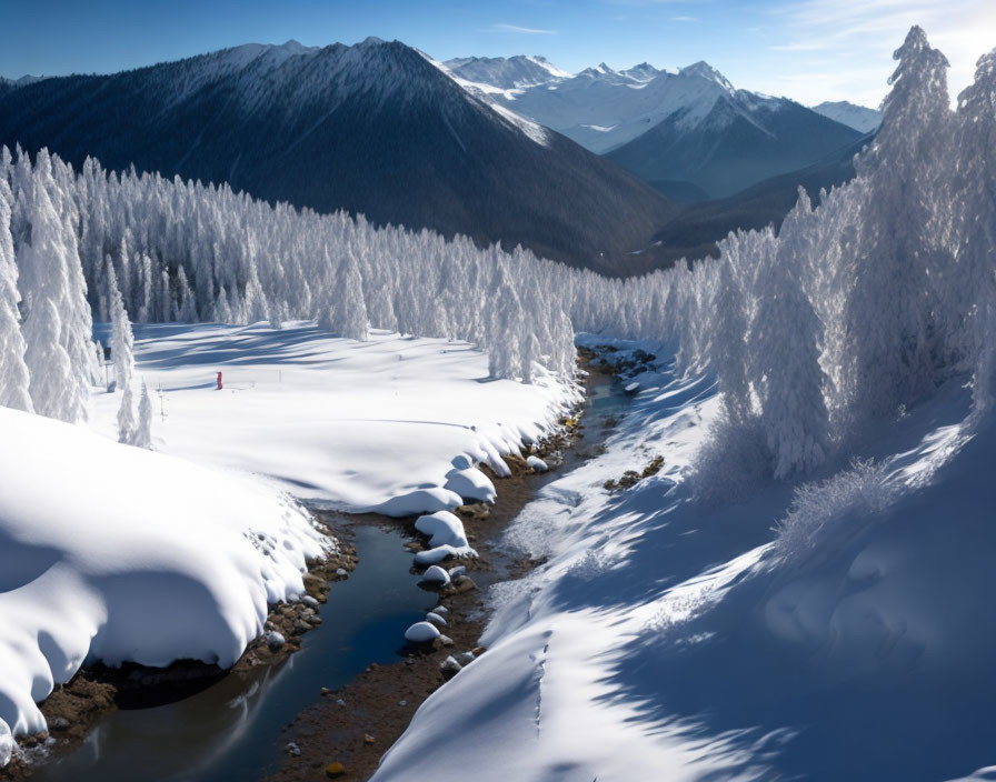 Snow-covered trees, meandering stream, and mountain peaks in serene winter landscape