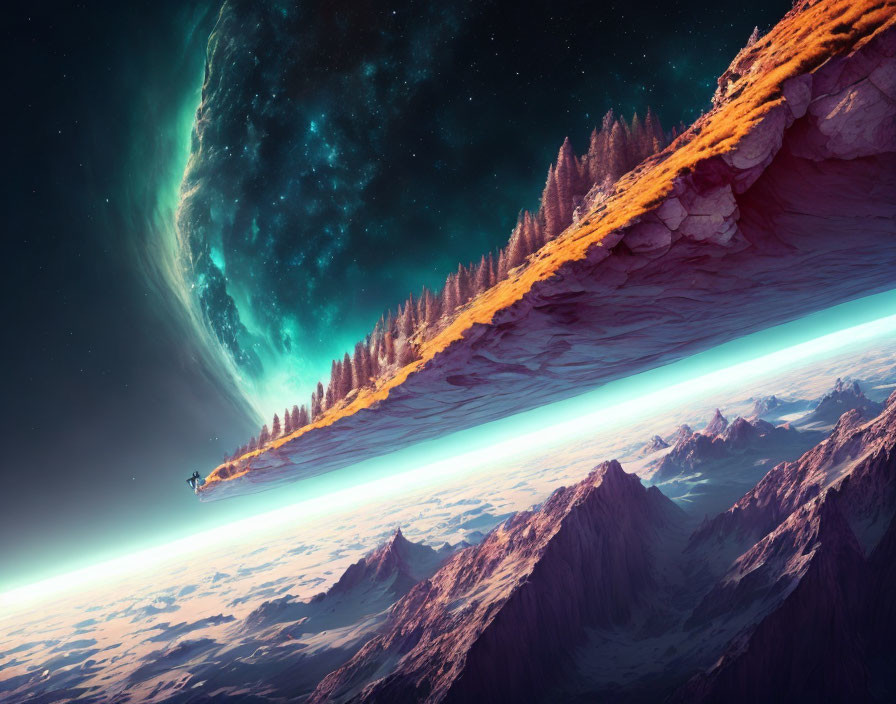 Surreal landscape with inverted mountains, cliff-edge trees, and glowing horizon